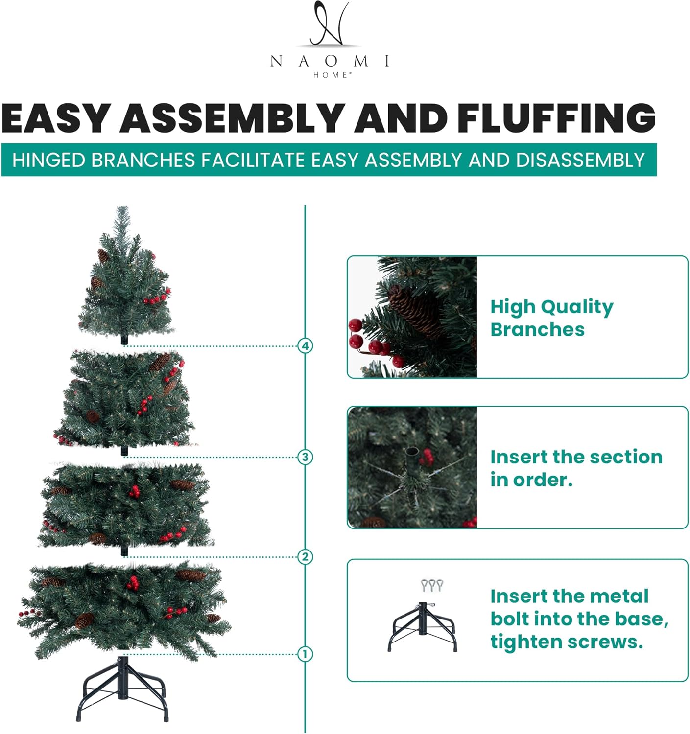 Naomi Home Belen 6.5ft Pencil Christmas Tree Prelit pre-Decorated with Pine Cones, Red Berries, 754 Branch Tips, 250 Warm Lights and Metal Stand, 30" Wide Skinny Christmas Tree with Lights