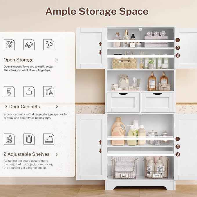 Iwell Tall Storage Cabinet with Adjustable Shelf & 2 Drawers, Kitchen Pantry Cabinet, Pantry Cabinets with 4 Doors, Tall Cabinets for Living Room, Kitchen, Bathroom, White