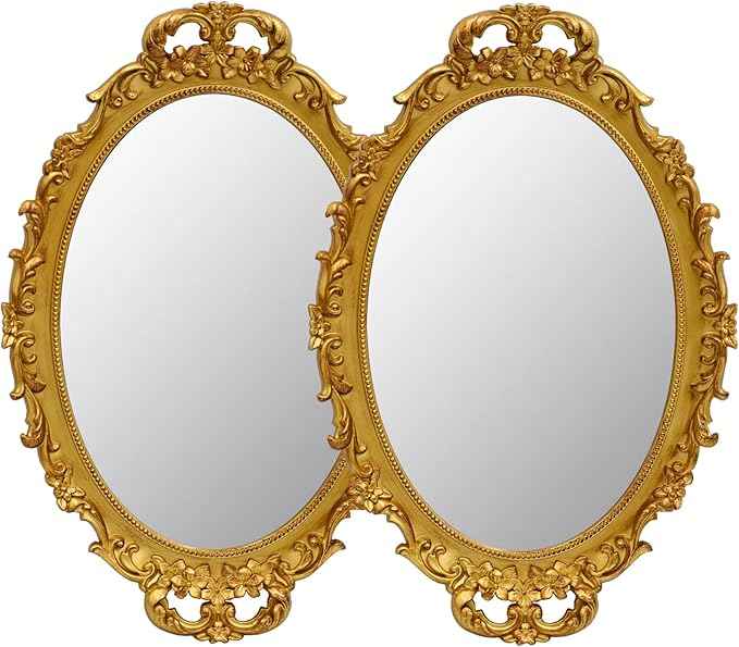 2 Pack - Vintage Decorative Gold Framed Mirror, Wall Hanging Mirrors & Tabletop Tray for Bedroom Living Room Dresser Decor, Oval- 9.6" W x 14.3" L (GOLD-2PACK)