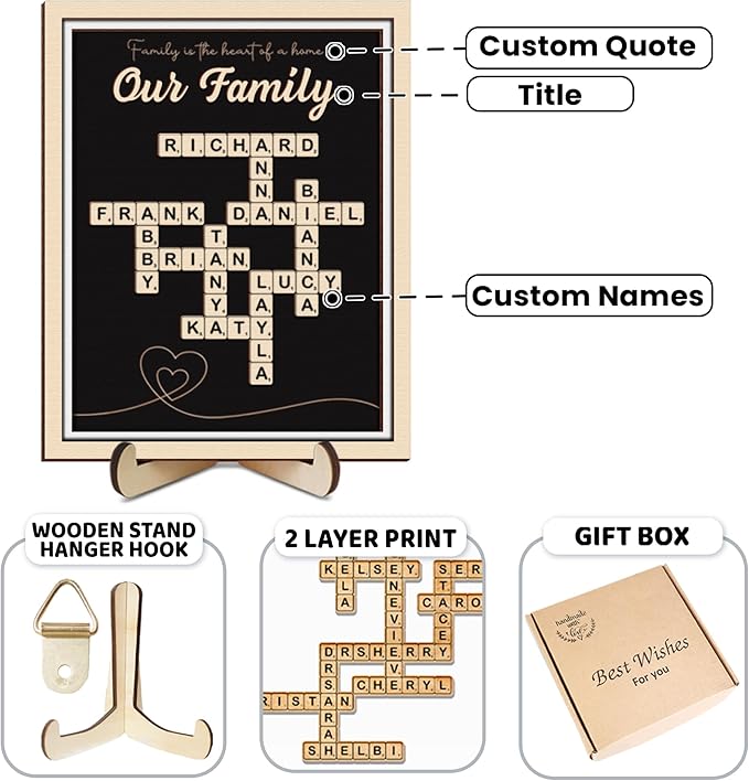 Custom Scrabble Family Name Frame Gifts for Mother's Day from Daughter Son Scrabble Puzzle Sign Wall Art, Grandkid Crossword Tiles Letter Sign, Mothers Day Birthday Gifts for Mom, Nana Wall Decor