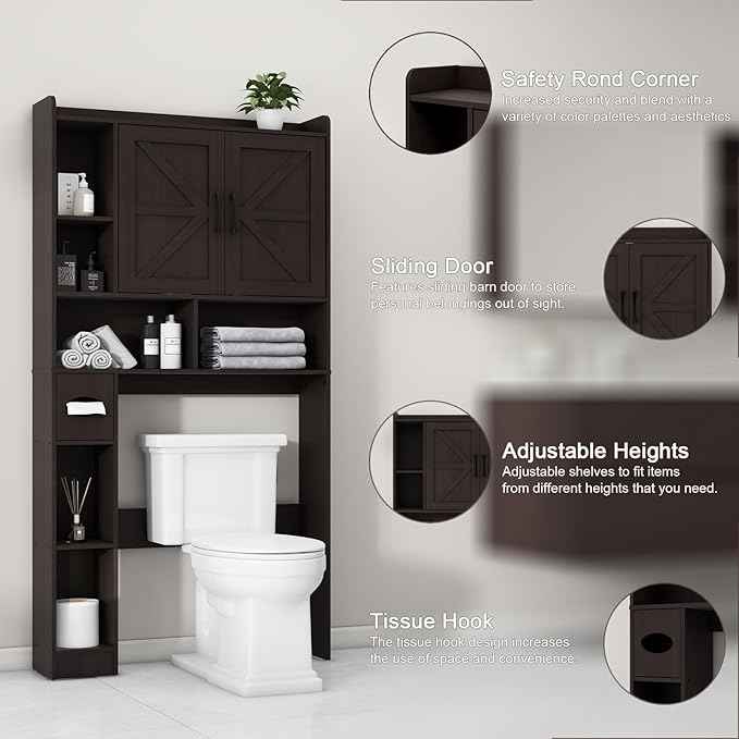 Over The Toilet Storage Cabinet, Farmhouse Storage Cabinet Over Toilet with 2 Barn Door & Toilet Paper Holder Stand, Home Space-Saving Toilet Rack, for Bathroom, Restroom (Black)