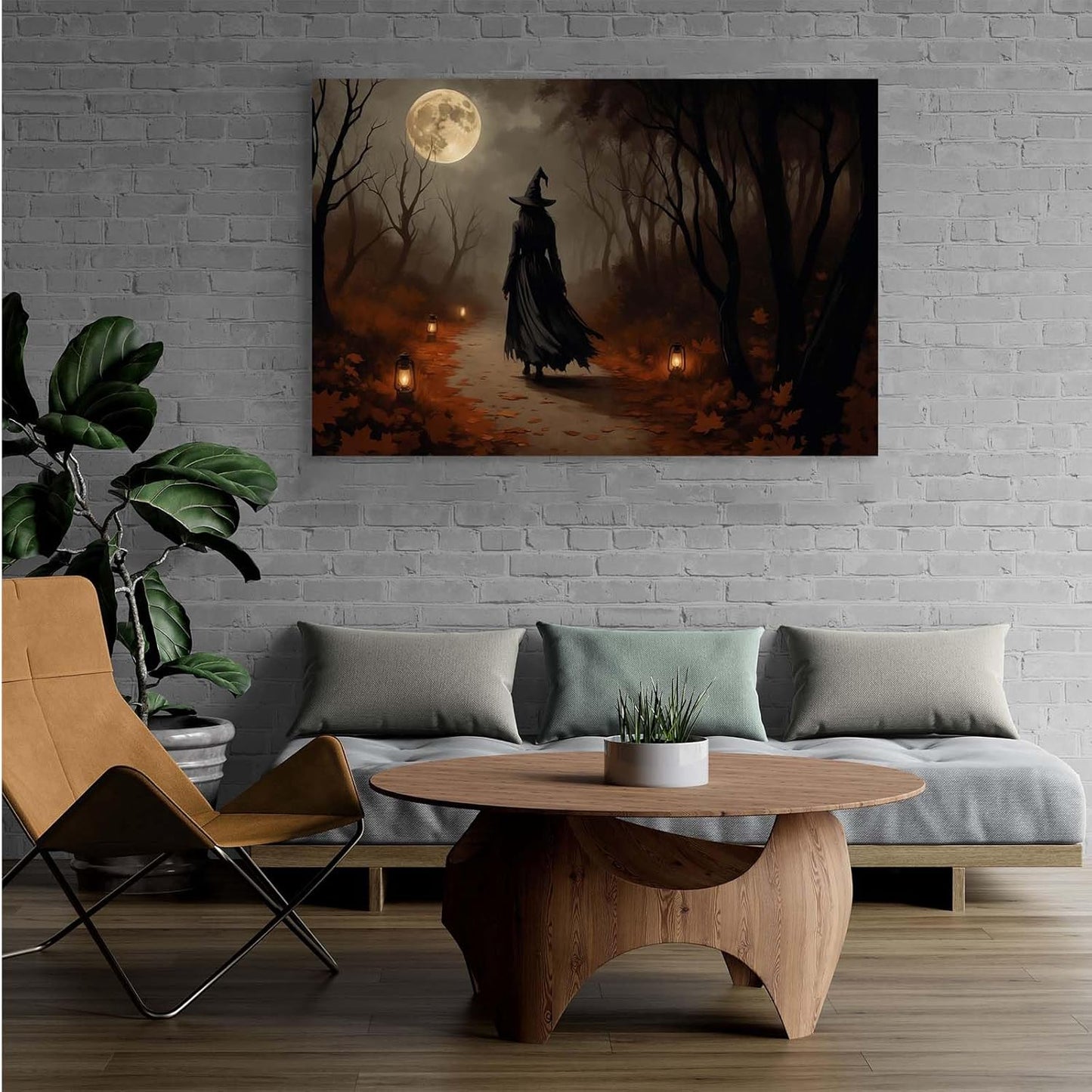 Moonlight witch poster dim lantern Halloween decoration Gothic style dark retro college style canvas wall art suitable for living room bedroom8x12in Wood Framed