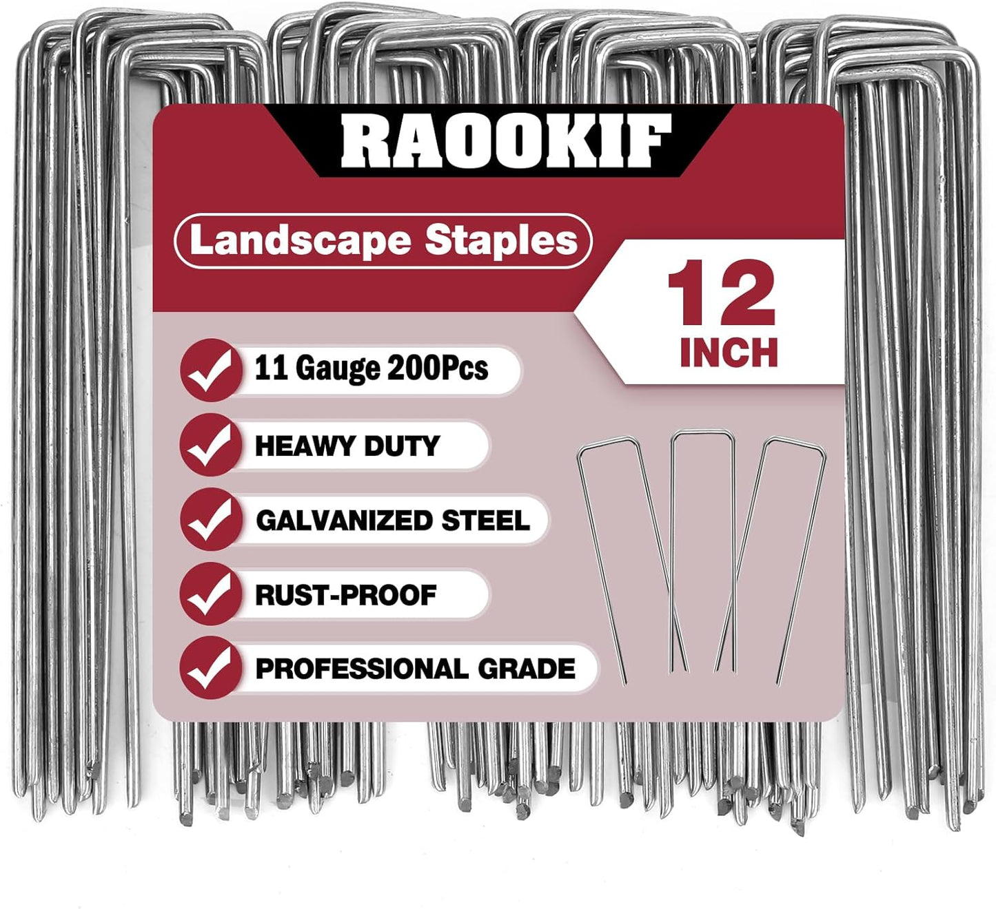 RAOOKIF 12 Inch Galvanized Garden Landscape Staples Stakes, 200Pcs Garden Metal Stakes, 11 Gauge Heavy Duty Ground Stakes for Decoration, Fence Stakes Lawn Stake, Fabric Pins