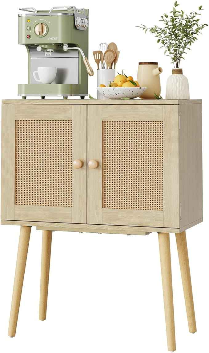 Sideboard Buffet Kitchen Storage Cabinet , Small Coffee Bar Cabinet with Rattan Doors and Tall Solid Wood Legs, Boho Accent Media Console Credenza Cabinet for Entryway,Living Room,Kitchen, Small Space