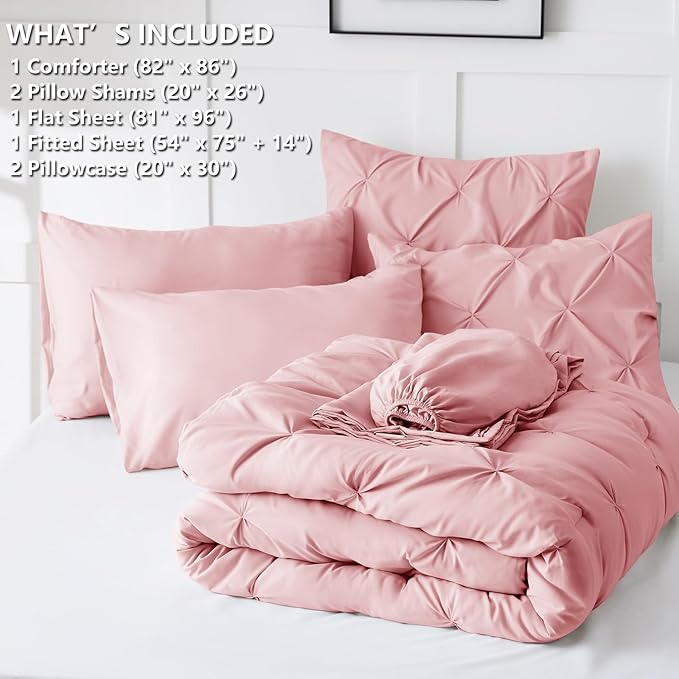 CozyLux Full Size Comforter Sets Pink, 7 Pieces Pintuck Bed in A Bag Pink Comforter Full Size, Pinch Pleat Bedding Sets with All Season Comforter, Sheets, Pillowcases & Shams