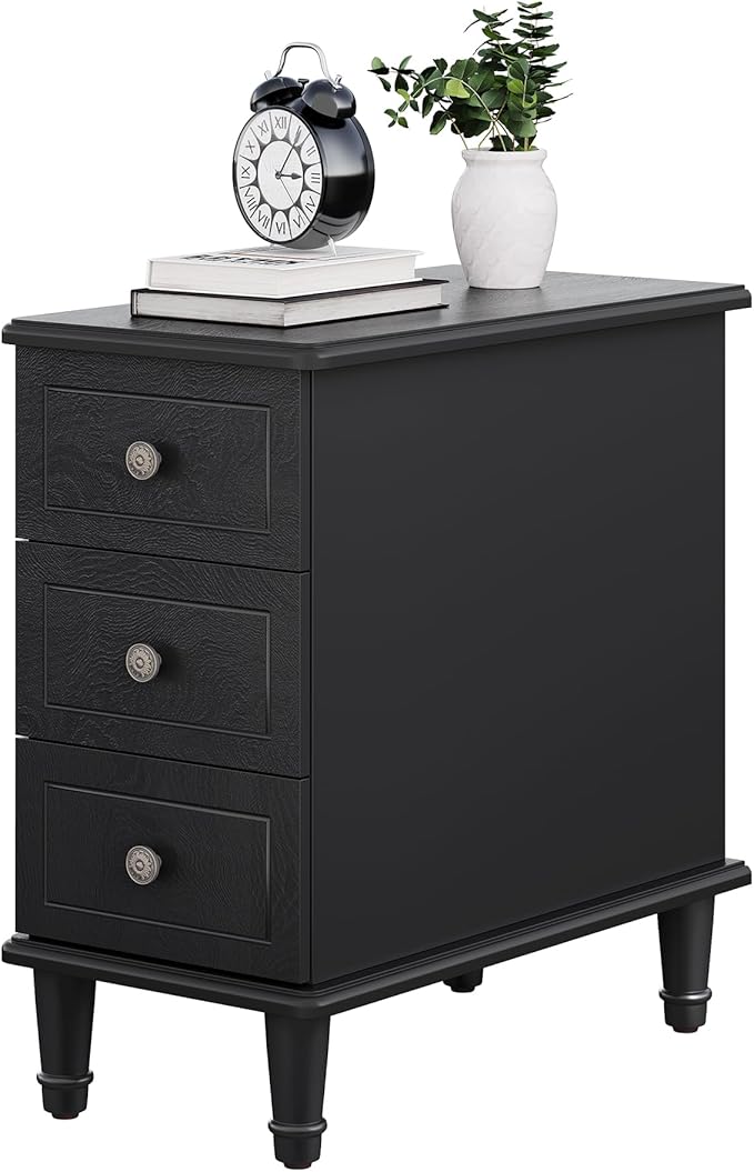 LITTLE TREE Fully Assembled End Table, Narrow Bedside Table with 3 Drawers, Vintage Nightstand for Small Spaces, Living Room, Bedroom, Black