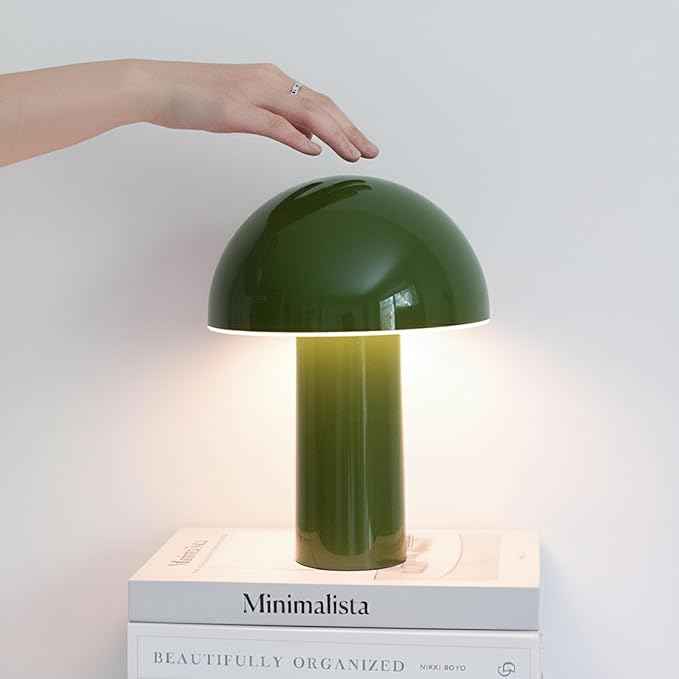 Brightech Celia Table Lamp – 10" Touch-Controlled Mushroom Desk Lamp, Cordless & Dimmable LED, Portable Bedside Night Light, Sustainable Mood Light, Recycled Modern Patio Lamp for Home Décor – Green