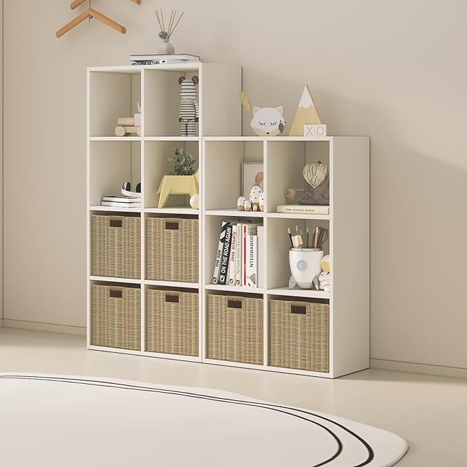 Wood Cube Storage Organizer Closet Cabinet for Living Room Bedroom Study Shelf Bookcase Wooden Floor Standing Open Bookshelf for Kids Home Office Display Storage Cabinet (White, 8-Cube, 11.81in)