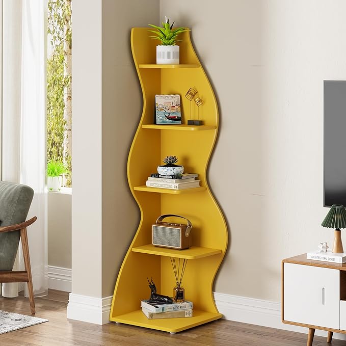Tribesigns Corner Shelf, Modern 5-Tier Wall Corner Bookshelf, Stylish Corner Small Bookcase Storage Rack Plant Stand with Unique Shape for Living Room, Home Office (Yellow, 2PCS)