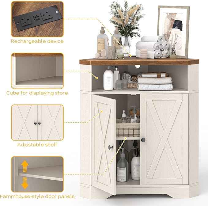 Vabches Corner Storage Cabinet, Small Corner Cabinet with USB Ports and Outlets Organizer, Barn Door Design and Adjustable Shelf, Living Room, Kitchen, Bathroom（White