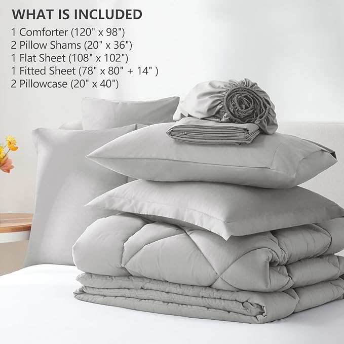 CozyLux Oversized King Comforter Set Light Grey, 7 Pieces Bed in a Bag Comforter Set with Sheets, All Season Bedding Set with Down Alternative Comforter, Sheets, Pillowcases & Shams