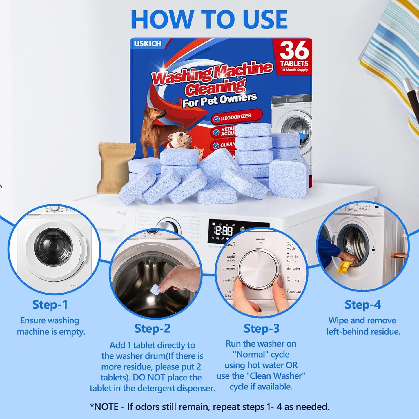 36Pack Washing Machine Cleaner Tablets-18 Month Supply,Washer Machine Cleaner Formulated For Pet Owners,Easy Pet Hair Remover for Laundry,Compatible with HE, Top & Front Load Washer.Septic Safe