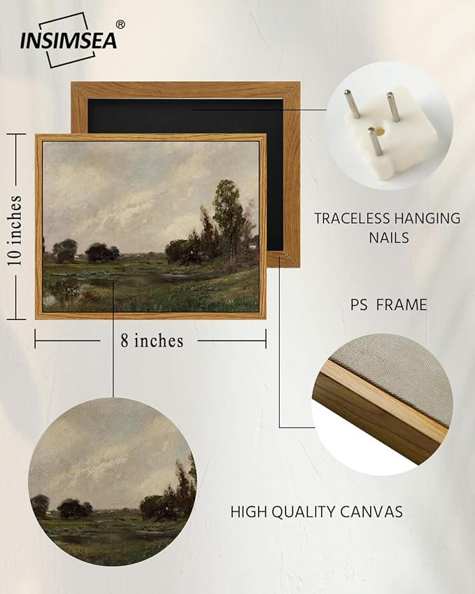 InSimSea Framed Canvas Wall Art, Vintage Landscape Art for Living Room Hallway Shelf, 10x8in, Impressionist French Countryside Painting, Rustic Farmhouse Cozy Mid Century Small Nature Decor