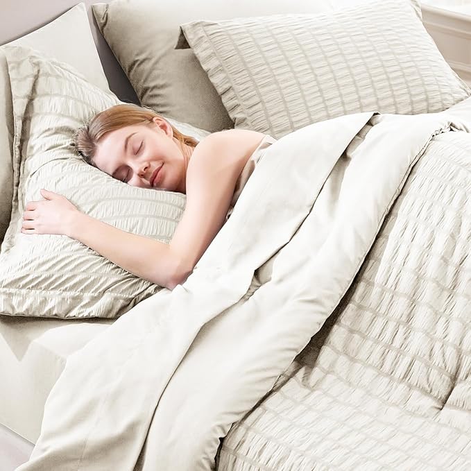 CozyLux Oversized King Comforter Set Beige Seersucker 7 Pieces 120x98 Bed in a Bag Comforter Set with Sheets, Luxury Soft Bedding Sets with Down Alternative Comforter, Sheets, Pillowcases & Shams