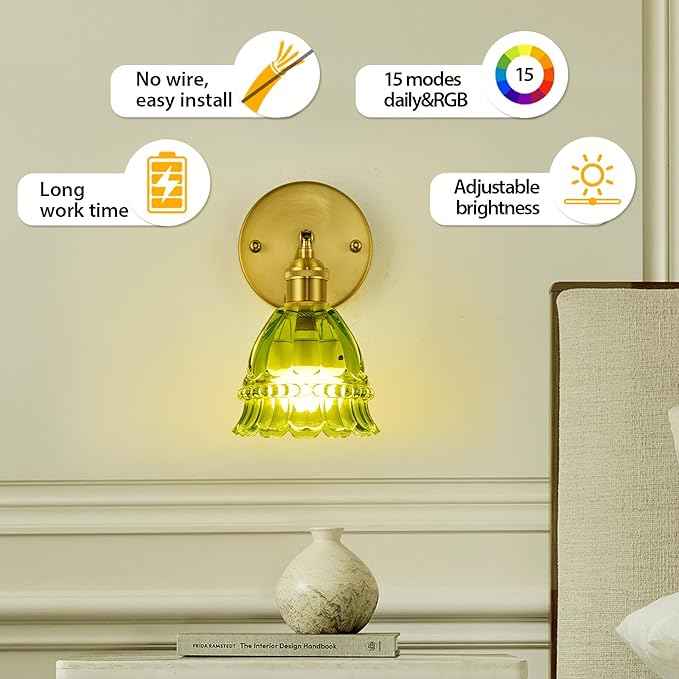 PASSICA DECOR Vintage Battery Operated Wall Sconces Set of 2 - Wireless Remote Control LED Wall Lights, Rechargeable USB-C, Dimmable 15 Colors, No Wiring, Lily Green Glass Shade Bedroom Kitchen