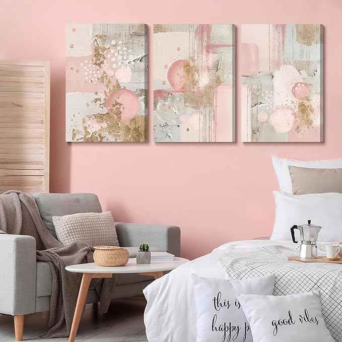 3Pcs Framed Pink and Gold Canvas Wall Art Abstract Posters Print Geometric Pictures Decor for Living Room Bedroom Bathroom Home Decoration