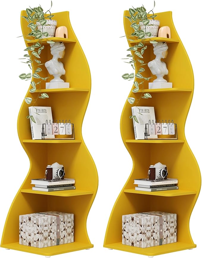 Tribesigns Corner Shelf, Modern 5-Tier Wall Corner Bookshelf, Stylish Corner Small Bookcase Storage Rack Plant Stand with Unique Shape for Living Room, Home Office (Yellow, 2PCS)