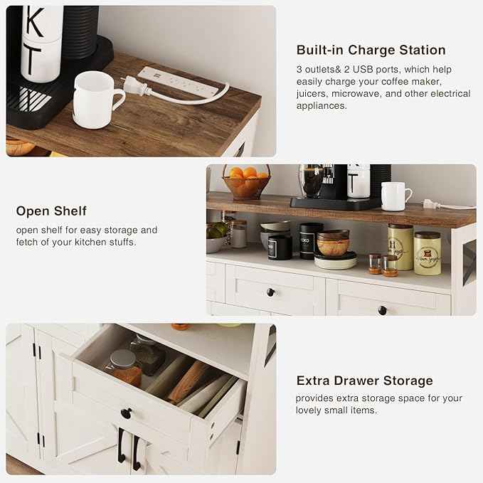 Farmhouse Buffet Cabinet with Drawers & Open Shelf, Sideboard Storage Cabinet, Kitchen Hutch Pantry, Wood Coffee Bar Station for Kitchen, Living Room, Hallway, 52" L White