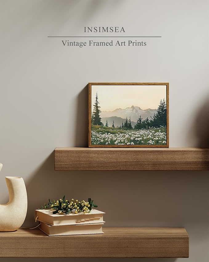 InSimSea Framed Canvas Wall Art, Vintage Floral Wildflowers Mountains Prints Wall Decor for Living Room, Small Forest Landscape Painting Farmhouse Decorations for Bedroom Shelf Gift, 8x10inch