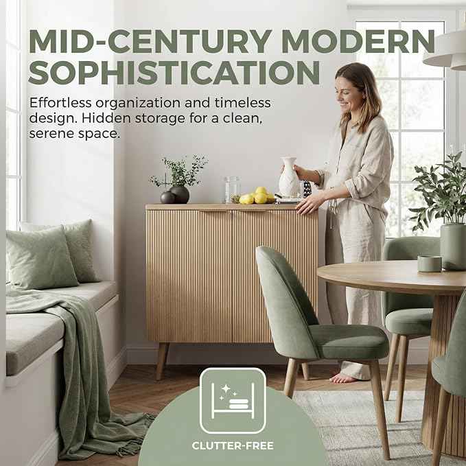 29.5" Modern Fluted Sideboard Cabinet with 2 Doors, Wood Storage Credenza with Shelves, Multi-Purpose Buffet Cabinet for Entryway, Dining & Living Room, Natural Wood