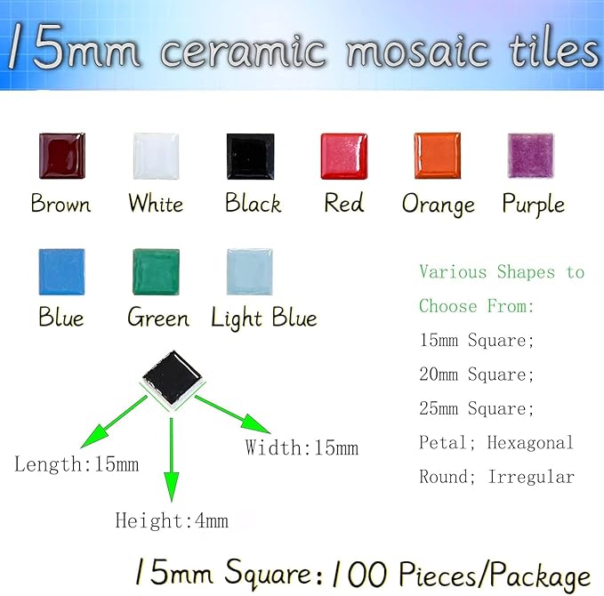 100 Pieces Ceramic Mosaic Tiles, 3/5" Square Shapes, Stained Colors, Ceramic Tiles Supplies for Crafts, Beginner Mosaic Project, Stepping Stones Decor - Mix Color
