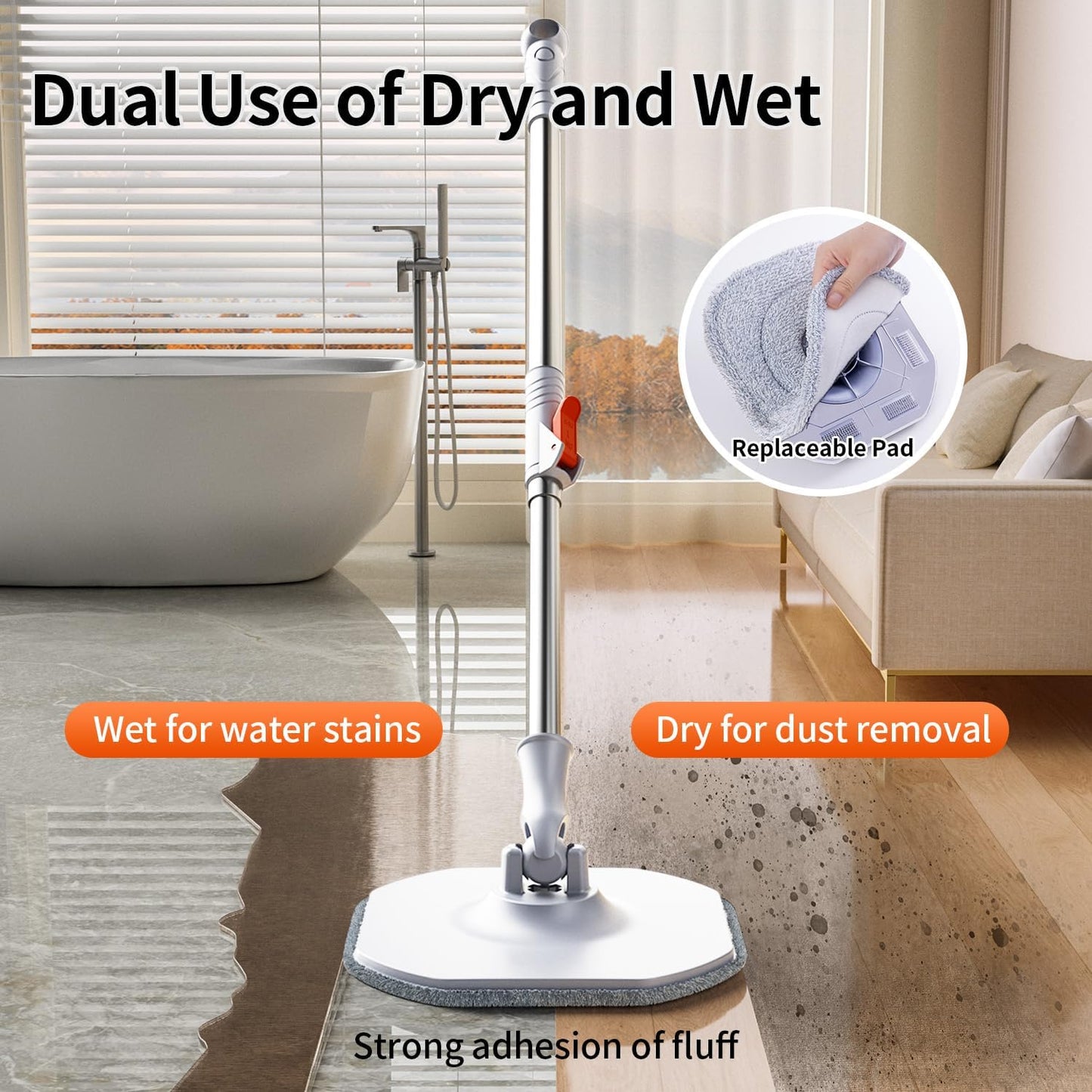 Spin Mop and Bucket Set with Separate Dirty and Clean Water,360° Spin Mop and Bucket System with Widening Foldable Handle,6 Replaceable Mop Pads,Square Mop for Floor Hardwood Wall Cleaning(White)