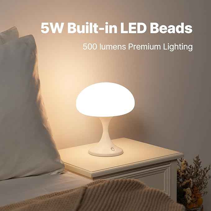 Mushroom Lamp, 5W LED Cordless Rechargeable Table Lamp with Glass Shade, Small Retro Dimmable Touch Light with 3 Color Temps, Aesthetic Mid Century Bedside Light for Bedroom Ambient, White