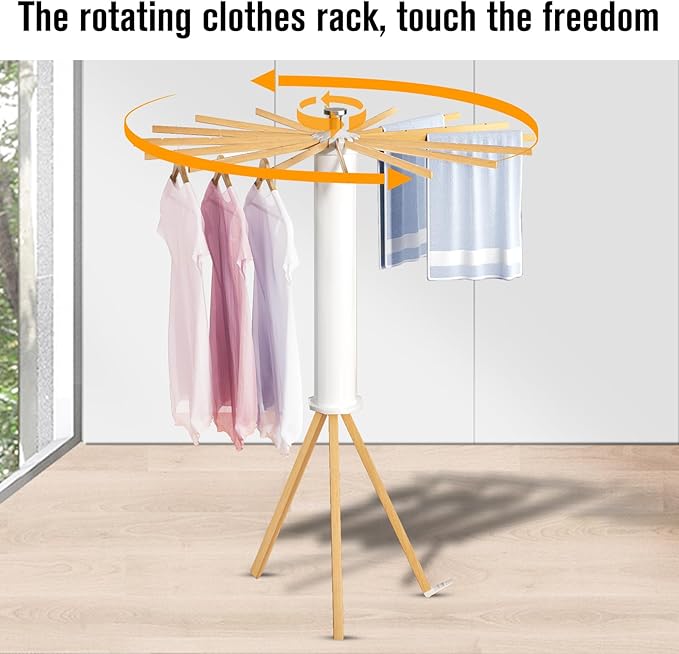 Tripod Clothes Drying Rack, Garment Rack Portable -16 Rotatable Arms for Hanger, Foldable Space Saving Laundry Drying Rack for Indoor Outdoor Apartment Balcony Bedroom Household, Wood