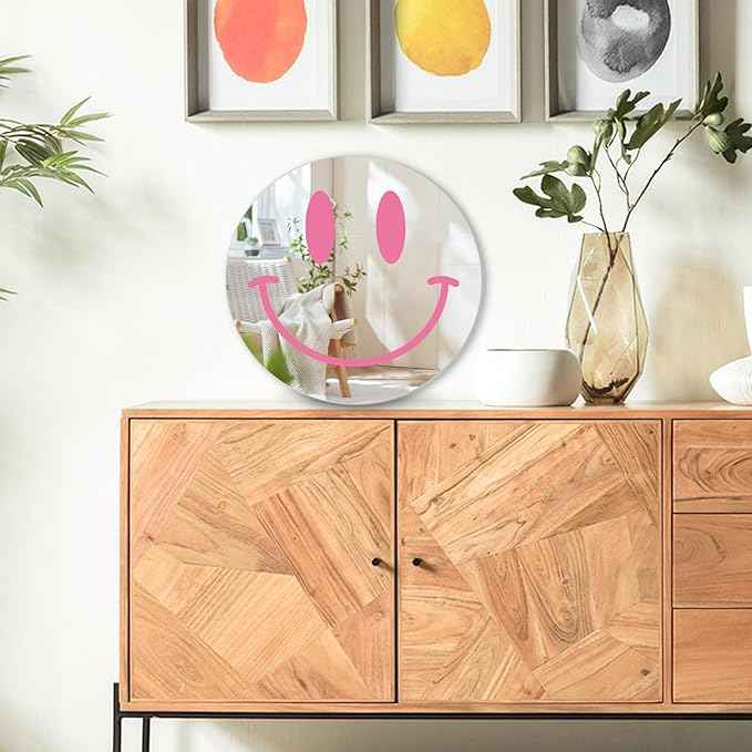 DARENYI Pink Preppy Mirror Circle, 12 inch Smiling Face Aesthetic Mirror for Teen Girls Preppy Room Wall Decor