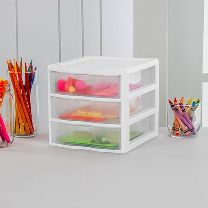 Sterilite 12-Pack ClearView 3-Drawer Cart, Small Plastic Storage Organizer Drawers, White - Organizing Drawer Containers for Bathroom, Closet, Kitchen, and Bedroom