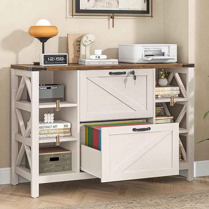 Vabches File Cabinet with 2 Drawers, Farmhouse Lateral File Cabinet Fits Files Letter/A4/Legal Size, Wooden Filing Cabinet with 4 Adjustable Shelves Printer Stand for Home Office, Rustic White