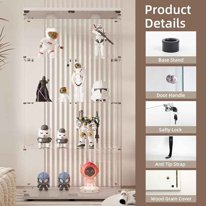 Beauty4U Glass Display Cabinet with LED Light, 4 Shelves with 2 Doors, Curio Cabinets for Living Room, Bedroom, Office, White Floor Standing Glass Bookshelf, Quick Installation