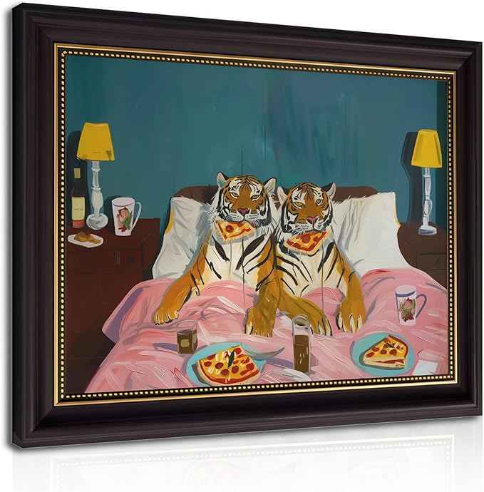 LSXARTQQ Framed Funny Tiger Pizza Wall Art Dark Brown Frame Bedroom Picture Print Vintage Fun Tigers Couple Canvas Wall Decor Maximalist Blue Pink Eclectic Jungle Animal Paintings(12x16inch)