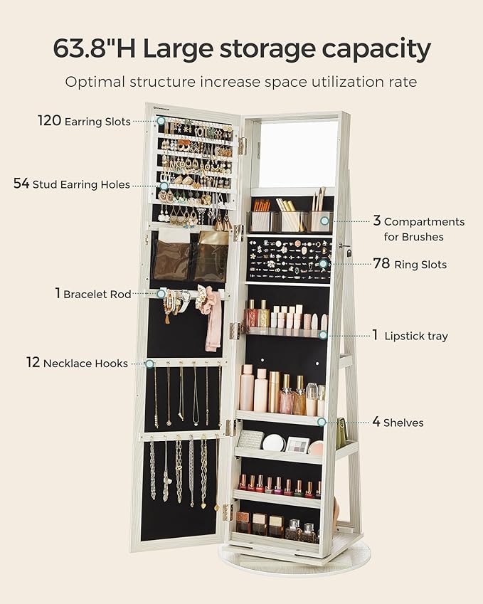SONGMICS 360° Swivel Jewelry Cabinet, Lockable Jewelry Organizer with Full-Length Mirror, Rear Storage Shelves, Interior Mirror, Jewelry Armoire, Gift Idea, White with Gray Wood Grain UJJC006W01