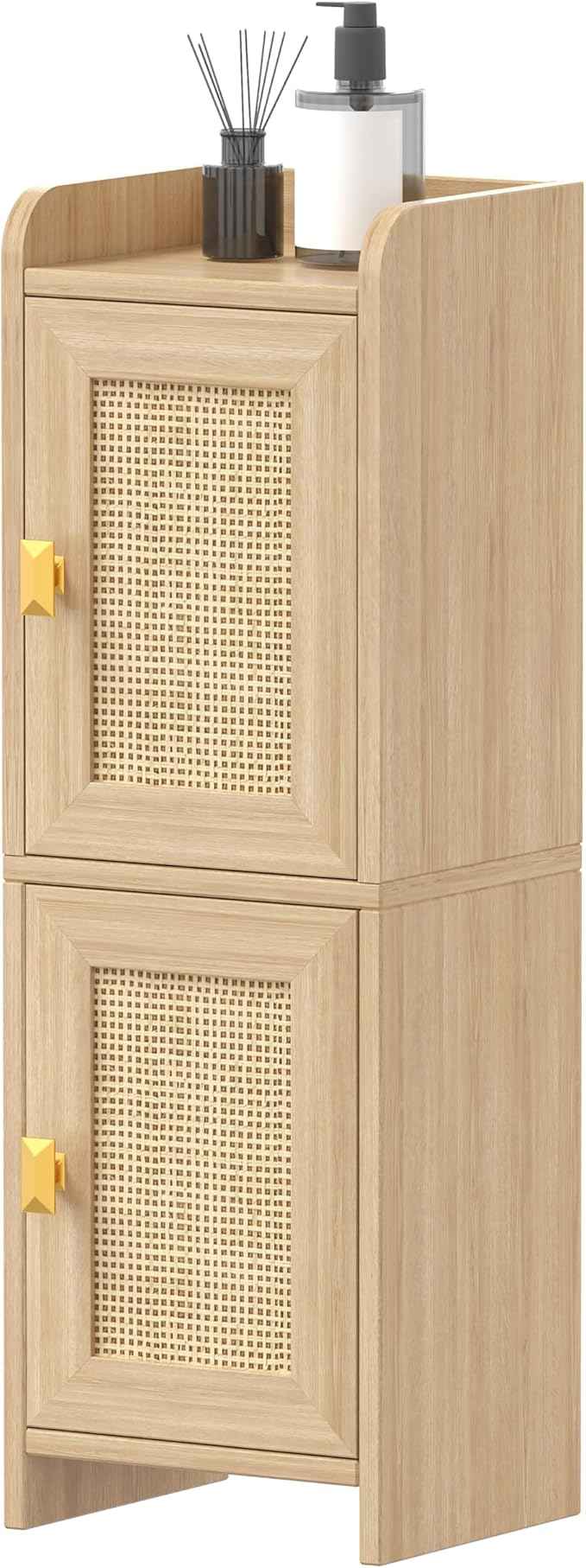 Rattan Small Bathroom Cabinet with 2 Doors, 7.9''D x 9.8''W Narrow Toilet Paper Storage Cabinet, Bathroom Organizer for Small Spaces, Wooden Slim Corner Unit with Adjustable Shelf, Natural Oak