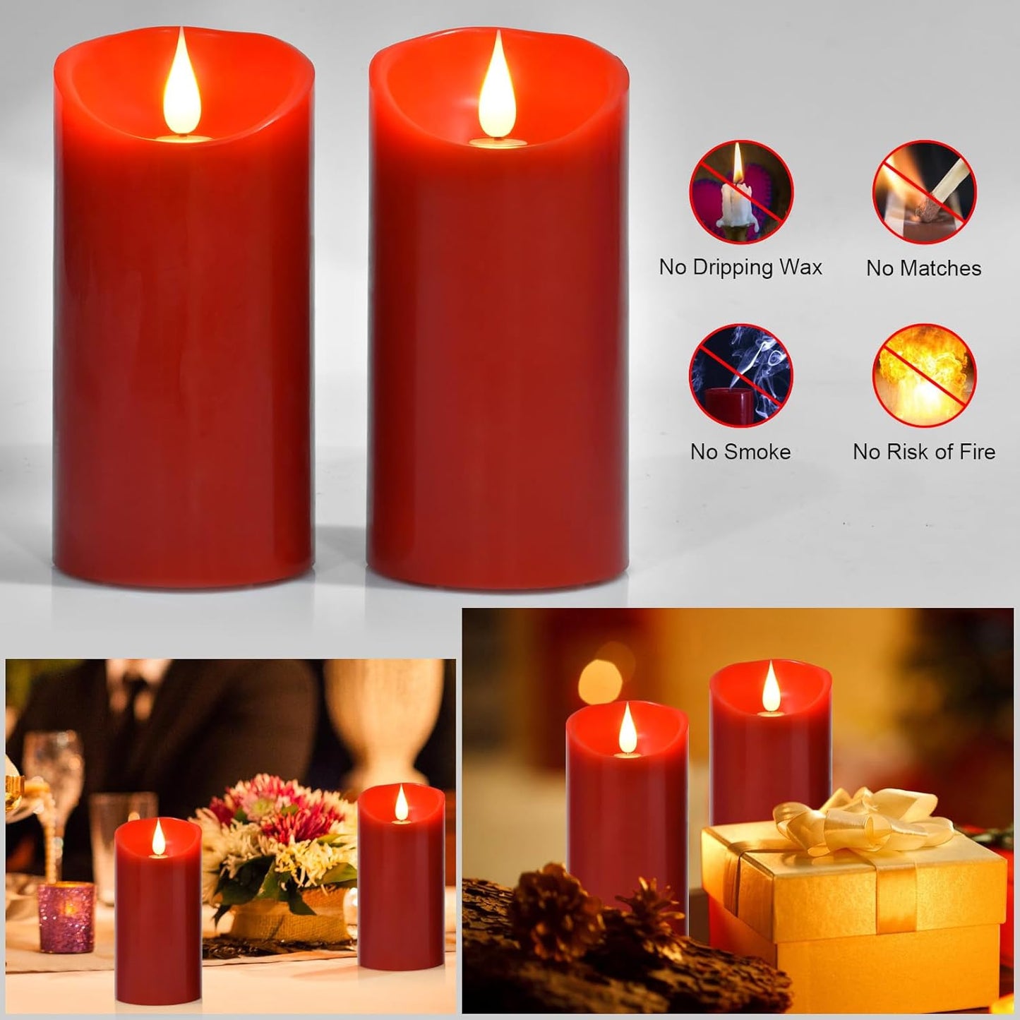 Flameless Battery Operated LED Candles 3D Wick with10key Button Remote Control 24-Hour Timer Set of 2 Electric Flickering Pillar Real Wax，Wedding, Party, Home Decoration