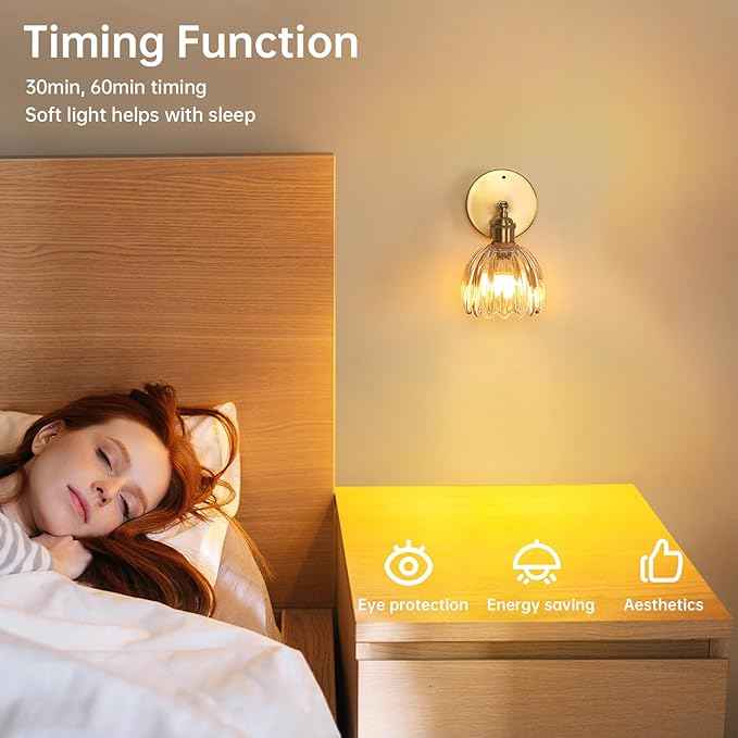 Battery Operated Vintage Wall Sconces with Amber Tulip Glass Lampshade Battery Powered Wall Lighting for Bedside Bedroom Doorway, Set of 2
