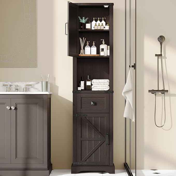 66" Tall Farmhouse Bathroom Storage Cabinet with Barn Doors and Drawer, Narrow Storage Unit, Adjustable Shelves & 5-Tier Space, Freestanding Cabinet for Bathroom, Entryway, Kitchen, Espresso