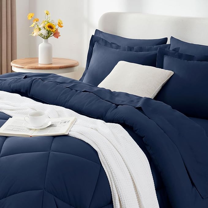 CozyLux Oversized King Comforter Set Navy Blue, 7 Pieces Bed in a Bag Comforter Set with Sheets Luxury Bed Set for All Seasons, Bedding Set with Down Alternative Comforter, Sheets, Pillowcases & Shams