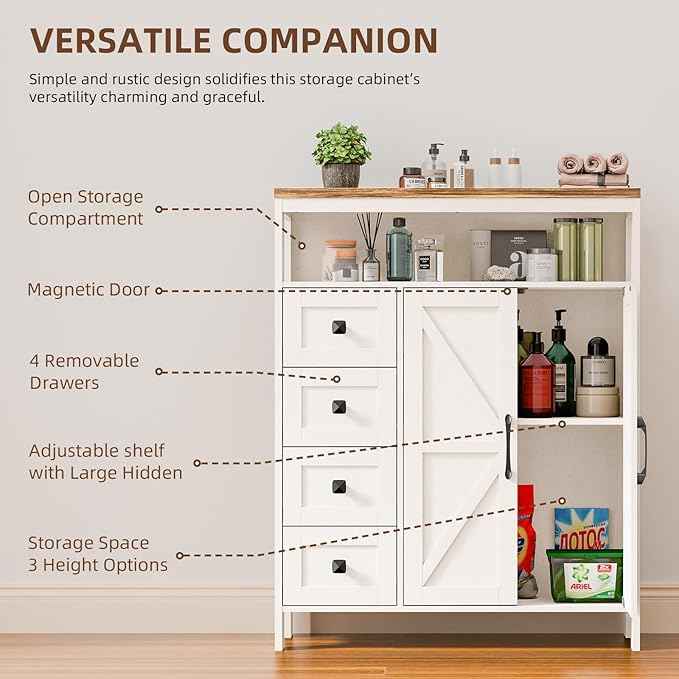 Vabches Farmhouse Storage Cabinet with 2 Doors and 4 Drawers, Freestanding Bathroom Storage Cabinets, Kitchen Pantry Cabinet, Floor Hutch Cupboard for Kitchen/Living Room/Bathroom(Unique White).