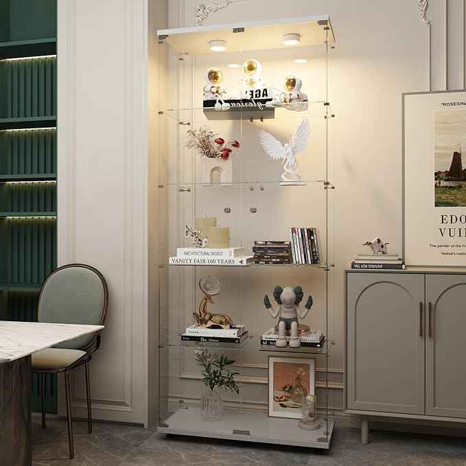 Beauty4U Glass Display Cabinet with Lights, 5 Shelves with 2 Doors, Curio Cabinets for Living Room, Bedroom, Office, White Floor Standing Glass Bookshelf, Quick Installation