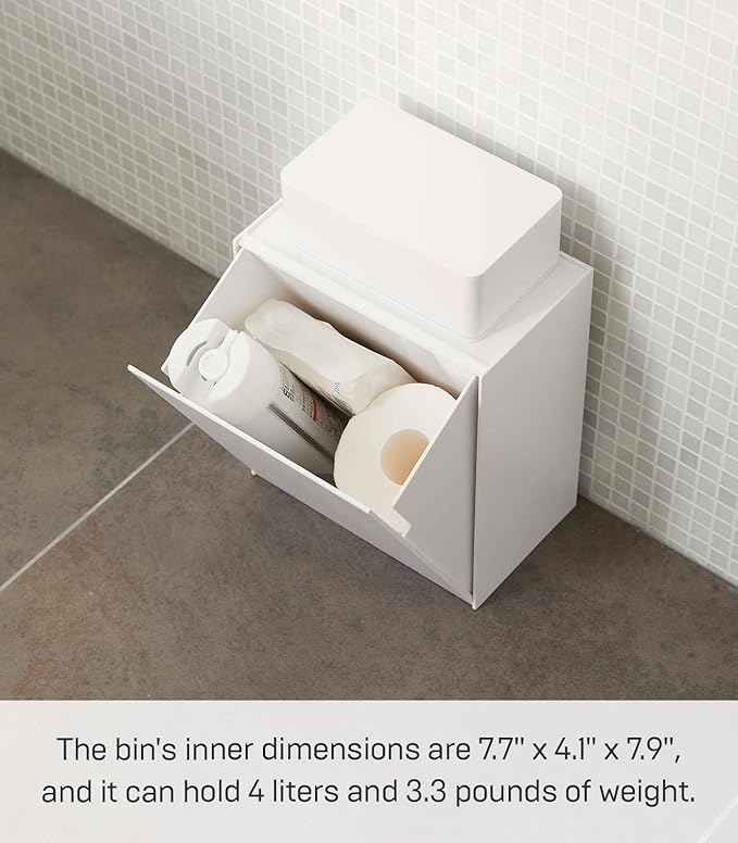 YAMAZAKI Home Tower Wall Mounted Storage Or Trash Bin With Tray, Small Wastebasket With Lid, Bathroom Or Kitchen Organizer - Abs Plastic