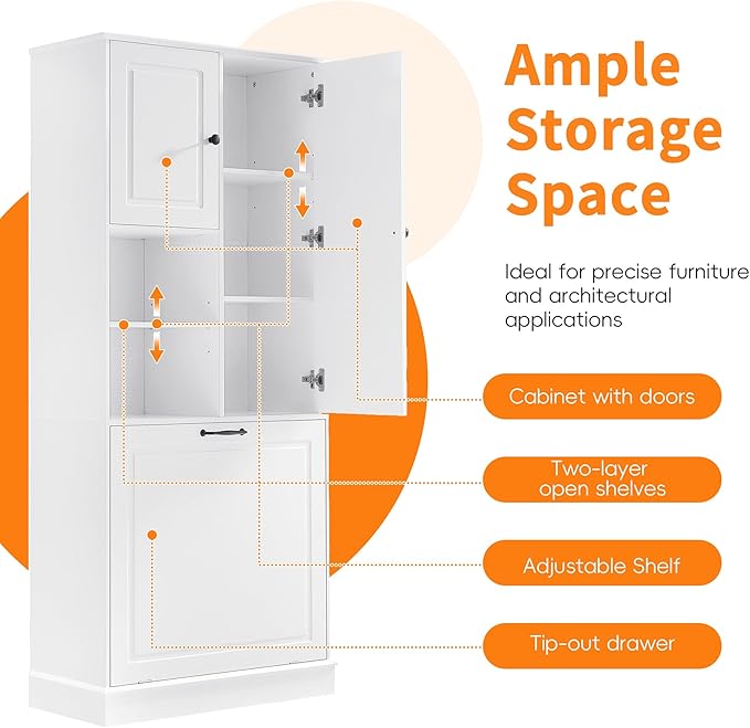 68" Tall Bathroom Storage Cabinet with Two Doors and Tilt-Out Laundry Hamper for Home Display Organizer, Adjustable Shelf, White