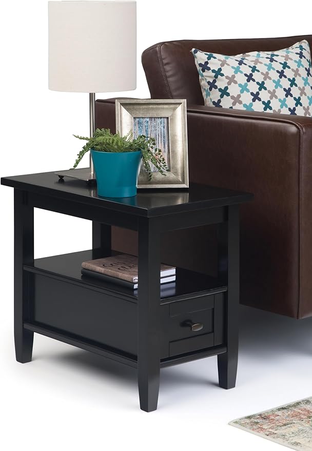 SIMPLIHOME Warm Shaker End Table - 14 inch Wide Solid Wood Narrow Side Table in Black, Transitional Accent Table for Living Room or Bedroom with Drawer, Open Shelf and Square Tapered Legs