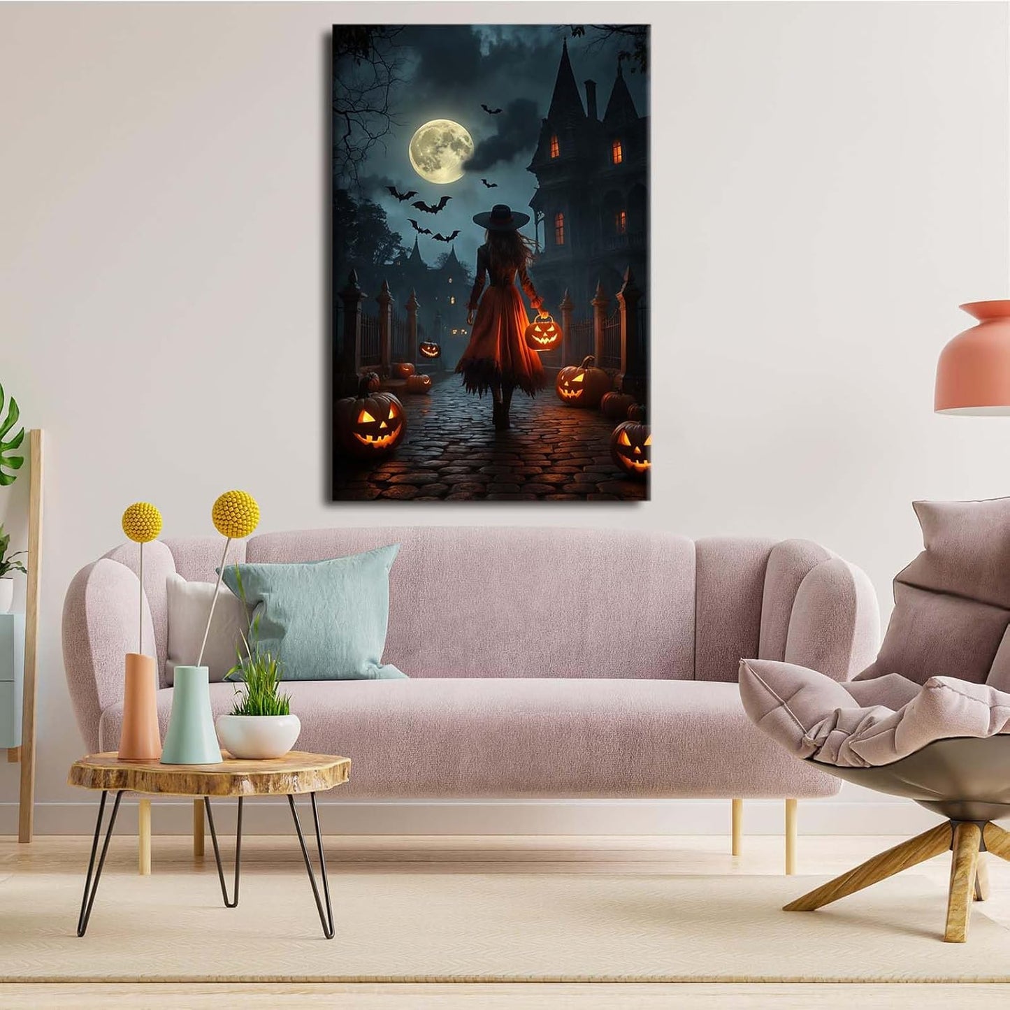 JFHCQJPK Halloween theme poster moonlit autumn night witch vintage poster art print dark college style gothic painting canvas wall decoration bedroom living room ideal gift8x12in Frameless