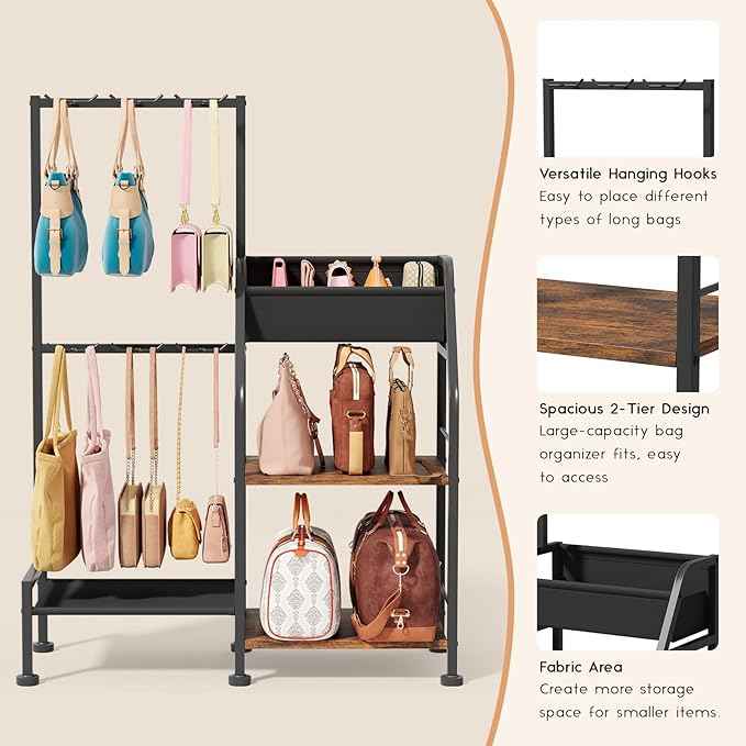 Purse Organizer for Women - 3-Tier Storage Stand & 12 Fixed Hooks, Visible Backpack Storage, Space-Saving Bag Organizer Rack for Home, Closet, Black