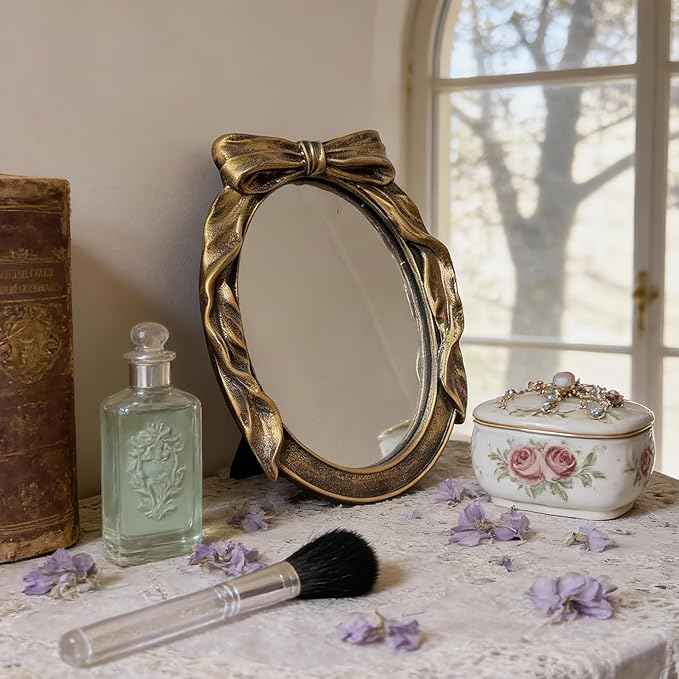 Vintage Round Vanity Desk Mirror - 8x6Inch Elliptical Tabletop Decorative Ornate Gold Accent Retro Makeup Mirror for Bedroom Dresser Living Room Bathroom Dorm Champagne Gold