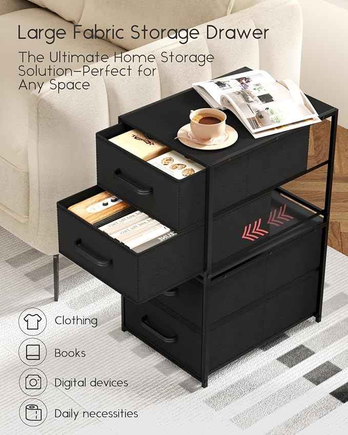 Stackable Storage Drawers - 2 Tier Closet Drawers, Closet Organizer with Metal Handles, Night Stand with Collapsible Bins, Fabric Dresser for Bedroom, Dorm, Office, Black, 2 Pack