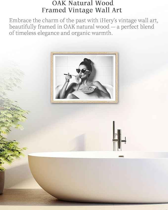 iHery Natural OAK Wood Framed Woman Eating Spaghetti in Bathtub Wall Art, 12x16in Beige Frame Woman Eating Pasta Canvas Print, Black and White Bathroom Poster, Retro Decor Set of 1