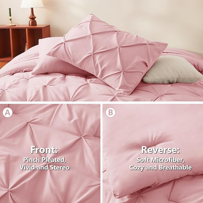 CozyLux Queen Comforter Set Pink, 7 Pieces Pintuck Bed in A Bag, Premium Pink Comforter Queen Size, Pinch Pleat Bedding Sets with Comforter, Sheets, Pillowcases & Shams